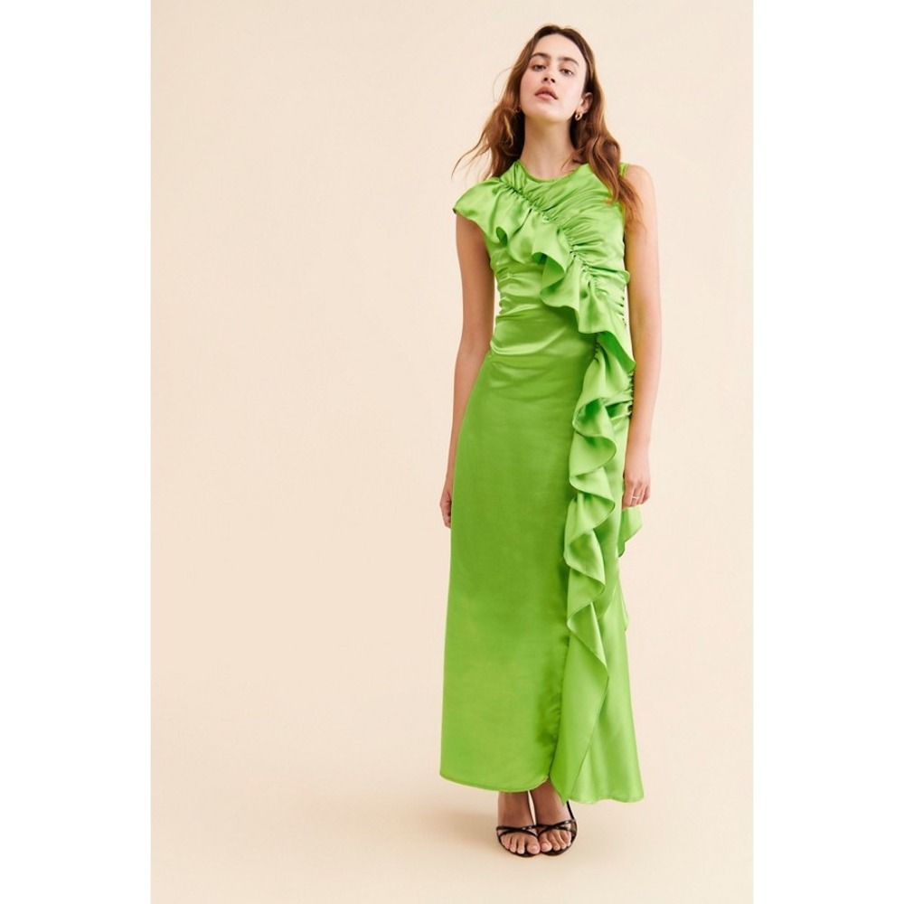 Anthropologie Let Me Be Green Satin Ruffle Maxi Dress Sleeveless Ruched Size M